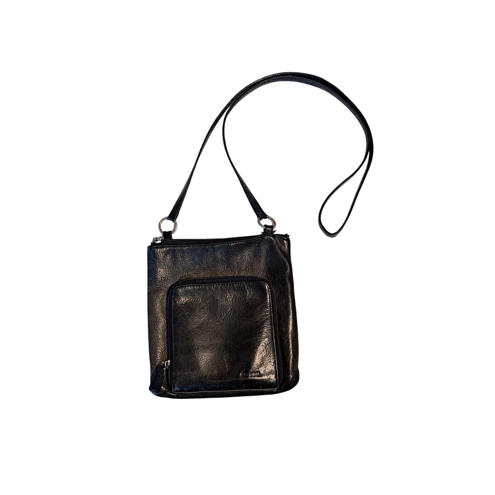 Y2K Black‎ Fossil Leather Crossbody Bag Double Front Zip Fiona Organizer Wallet